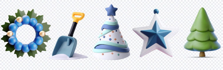 Pastel 3D vector winter holiday icon set featuring Christmas wreath snow shovel party hat star ornament and pine tree isolated on transparent background