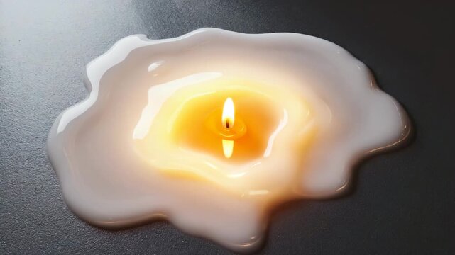 Puddle of melted wax with glowing core, faint candle base visible 4K.