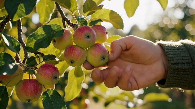 Tangan petani sedang memanen apel merah segar di kebun