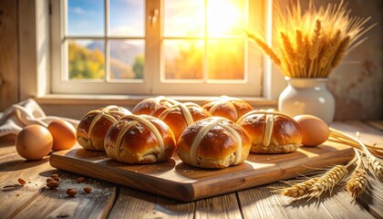 Wide angle shot, a pallet wood picnic table in a lush garden, decorated for an eco-friendly Easter, using lotus leaf plates and wooden cutlery, relaxed holiday atmosphere