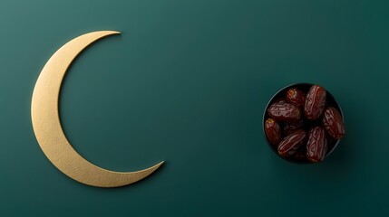 Lunar Feast: A radiant golden crescent moon illuminates the scene alongside a bowl of succulent dates, arranged harmoniously against a deep green backdrop.