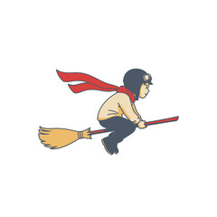 Naklejka premium A whimsical cartoon boy, wearing a pilot's helmet and red scarf, joyfully soars on a magical broomstick, embodying childhood wonder and imaginative adventure.