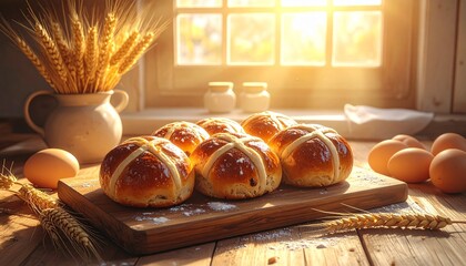 Wide angle shot, a pallet wood picnic table in a lush garden, decorated for an eco-friendly Easter, using lotus leaf plates and wooden cutlery, relaxed holiday atmosphere