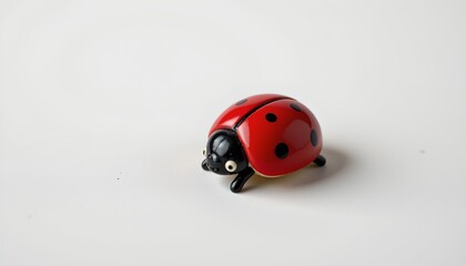 A ladybug figurine sitting on a flat surface. The background is plain white, emphasizing the toy's presence.