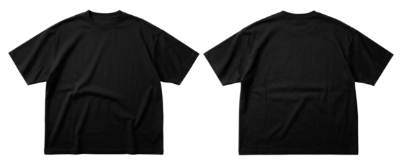 High-quality image of a t-shirt mockups shown in front and back views. Black color isolated on transparent background, Suitable for apparel template, clothing, branding.