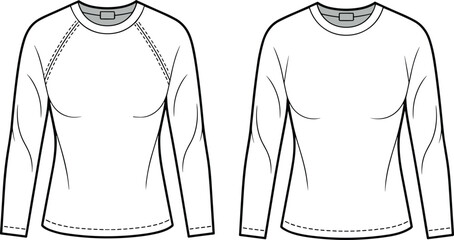 Technical Flat Sketch of Women's Long Sleeve Crew Neck T-Shirt Template, Front View with Raglan and Set-In Sleeve Construction Details