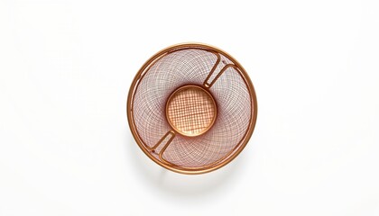 A single object, which appears to be a round, metallic tray with an intricate design, possibly a woven pattern or cut outs. It is placed against a plain background that is a neutral grayish tone