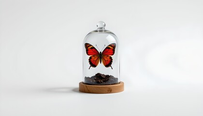 A clear glass jar containing a single orange butterfly with brown markings. The jar is placed on a wooden base and is positioned against a neutral background.