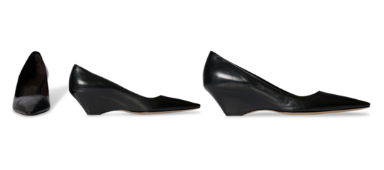 Set Of Women’s Black Stylish heel flat shoe, glossy patent leather finish, stylish and comfortable footwear for casual and formal wear wedge sandal, transparent background