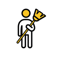 A minimalist line art icon depicts a person holding a yellow broom, symbolizing cleaning, maintenance, and tidiness tasks with a simple, clear design.