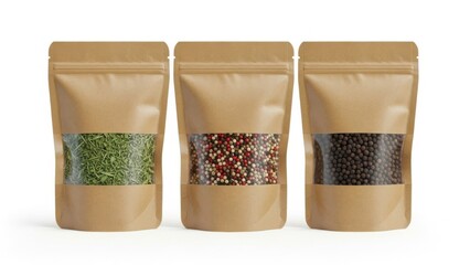 Three spice pouches displaying various contents