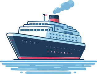Obraz premium Cartoon Cruise Ship On Calm Sea, Cute Holiday Travel Vector Illustration