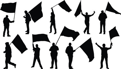 silhouette, people, flag, hand, vector, illustration, isolated, transparent, background, person, man, woman, raising, waving, protest, demonstration, patriotism, support, rally, movement, political, e