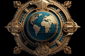 Obraz premium Golden ornate emblem featuring a textured world globe against a deep blue background