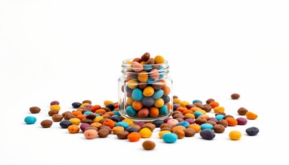 A glass jar filled with an assortment of multicolored candy pieces is set against a white background.