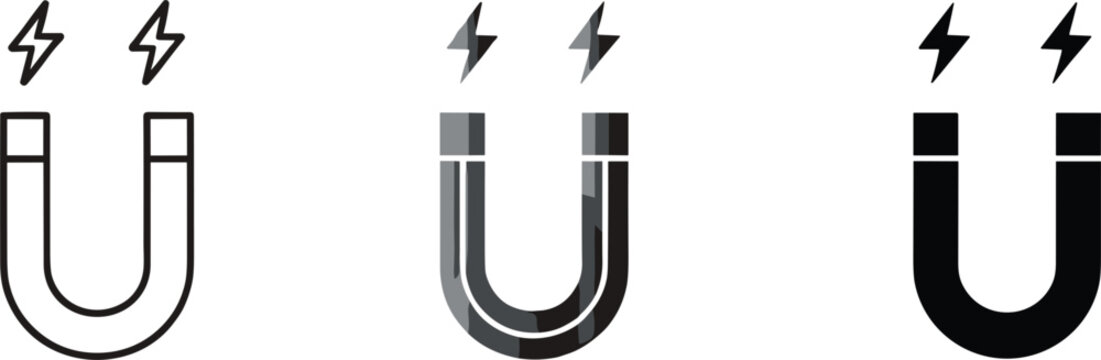 Vector icon set featuring three horseshoe magnets in outline shaded and solid styles with electrical lightning bolt symbols.