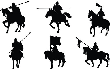 Obraz premium knight, horse, silhouette, medieval, cavalry, warrior, soldier, ancient, lance, flag, horseback, riding, military, battle, armor, helmet, weapon, historical, fantasy, vector, illustration, isolated, b