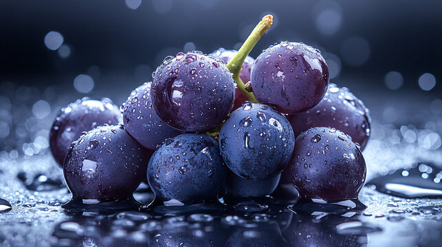 A cluster of fresh purple grapes with water droplets on a dark background - Powered by Adobe