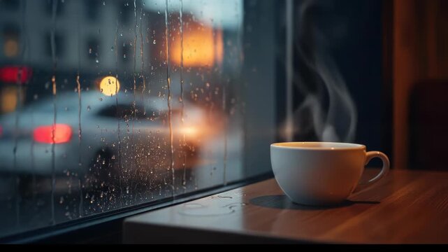 Hot coffee cup on a wooden table by a rainy window pane, creating a cozy atmosphere.