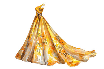 A golden dress highlighting its shimmering fabric and elegant design, isolated on transparent background