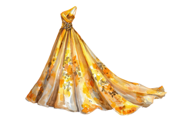A golden dress highlighting its shimmering fabric and elegant design, isolated on transparent background