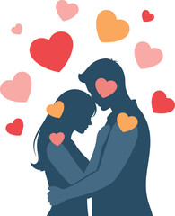 Romantic Loving Couple Hugging with Floating Hearts for Happy Valentine&rsquo;s Day Illustration