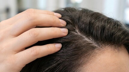 Fototapeta premium Scalp health and haircare detail image,with hand examining part line of thick dark hair,highlighting issues like thinning,alopecia,or scalp treatment