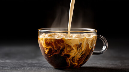 Hot coffee mixing with milk artistic swirl