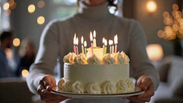 Closeup of a woman holding a birthday cake fool of candles