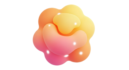A vibrant, abstract, amorphous 3D shape with smooth, rounded forms and a gradient color transition from pink to orange to yellow. Glossy highlights and soft shadows add depth and dimension.