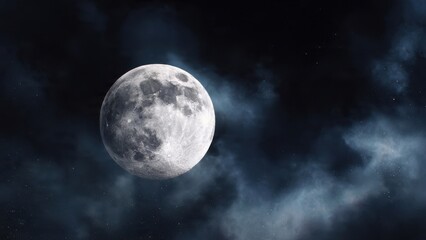 Obraz premium Detailed Full Moon in a Dark Night Sky with Cosmic Clouds and Stars