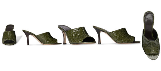 Set Of Women&rsquo;s Military Stylish High heel mule shoe, glossy patent leather finish, footwear for casual and formal wear wedge sandal, wedge heel pump shoe, transparent background, ultra-thin heel.