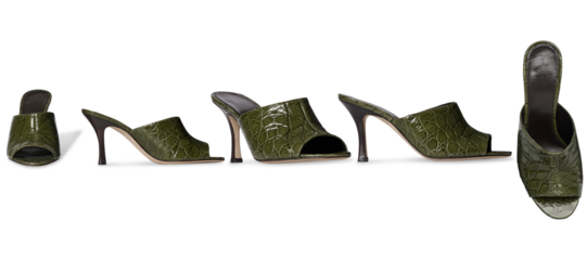 Set Of Women’s Military Stylish High heel mule shoe, glossy patent leather finish, footwear for casual and formal wear wedge sandal, wedge heel pump shoe, transparent background, ultra-thin heel.