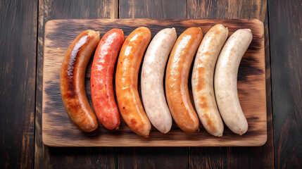 Assorted sausages top view food photography