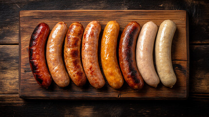 Meat sausages variety on cutting board