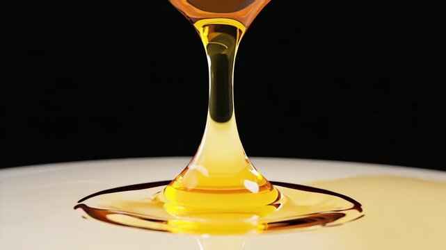 Macro close-up of golden honey droplet mid-drip, translucent viscosity, glistening highlights 4K