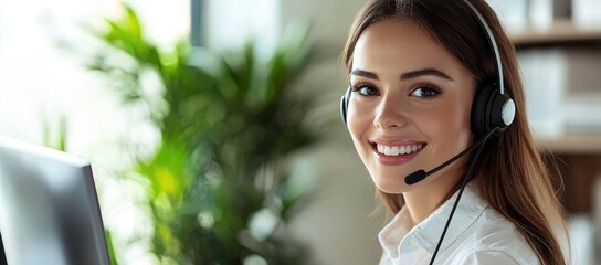 Friendly customer support agent wearing headset in modern call center office, ideal for customer service, technical support, help desk communication, and business assistance use