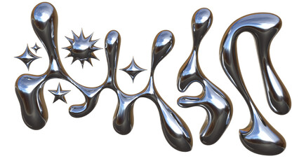 3D Chrome Liquid Abstract Shapes with Metallic Fluid Forms and Star Spark Elements Futuristic Modern Illustration on White Background