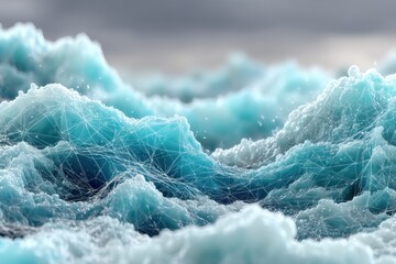 Abstract digital ocean waves made of connected lines, editable and customizable image representing data flow, complexity, or artificial intelligence.