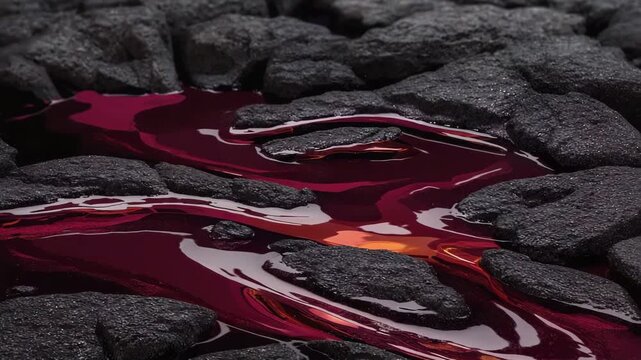 Liquid ruby rivers flowing through onyx stone, macro dolly across surface, glowing reflections 4K