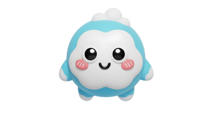 A cute, plump, 3D rendered cartoon creature in sky blue and white, with rosy cheeks and large expressive eyes, floats against a see-through backdrop.