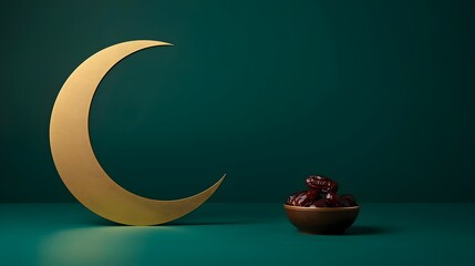 Golden Crescent and Dates: A serene composition featuring a golden crescent moon and a bowl of dates, against a rich emerald backdrop, evoking a sense of tranquility.