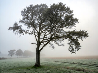 Solitary tree in foggy meadow