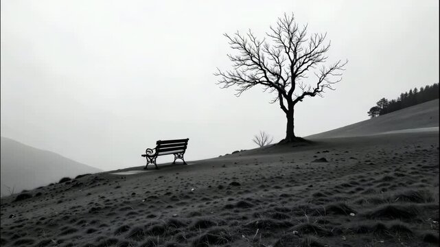 The images depict a solitary park bench situated on a gently sloping hill, with a bare, leafless tree nearby