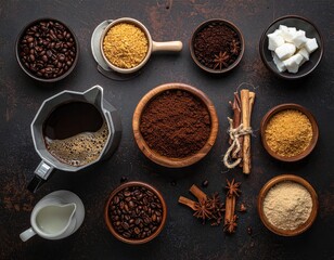 Overhead shot of coffee-making ingredients, including coffee beans, sugar, and spices