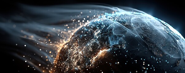 Blue glowing planet Earth with digital connections and global network lights