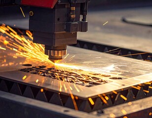 Close-up of industrial machinery cutting sheet metal, producing bright sparks and precision