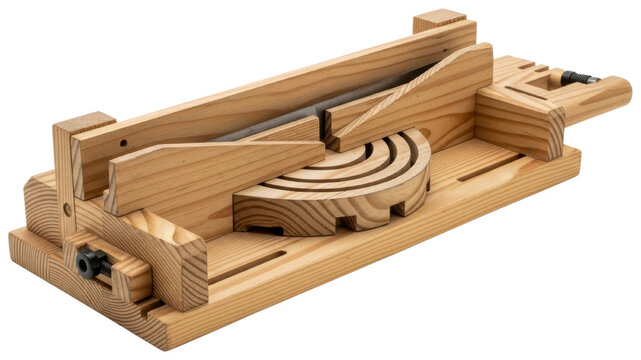 Traditional wooden miter box for woodworking tasks isolated on transparent background