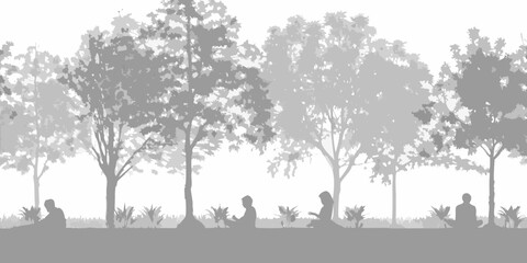 A serene grayscale landscape featuring silhouetted trees and seated figures
