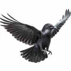Obraz premium Black Raven with Wings Open Isolated on White Background, Powerful Flying Bird Symbol of Mystery, Intelligence and Dark Wildlife Nature Concept